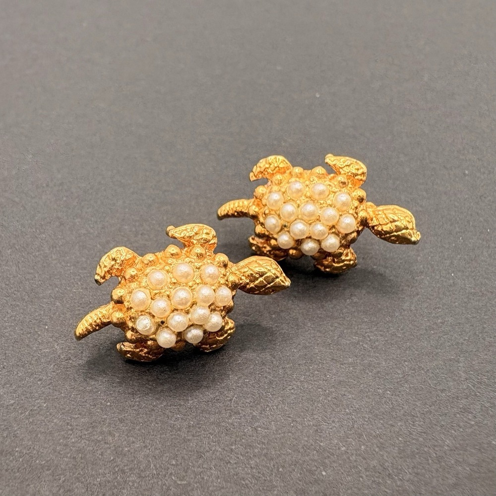 Vintage Lot of 2 Turtle Faux Pearl Brooch Pins Gold Tone Dainty Tiny